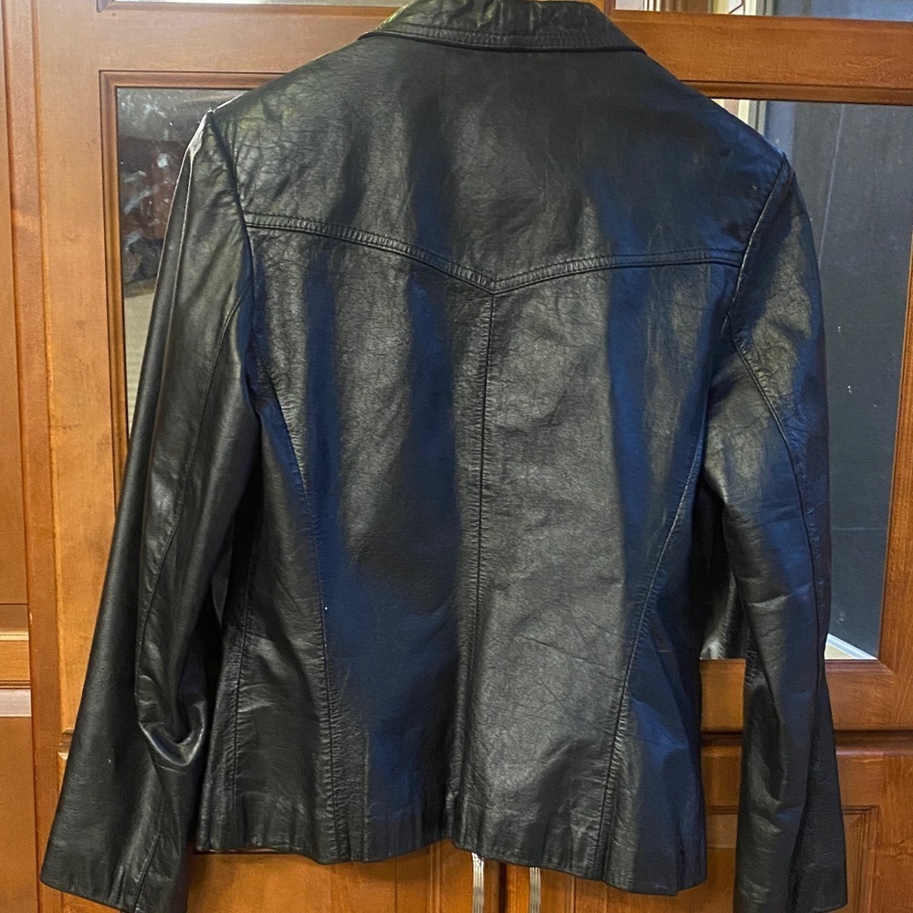 Women's  Black Leather Jacket Quiet Luxury Outdoor XS/XXS Classic Timeless - Picture 4 of 10